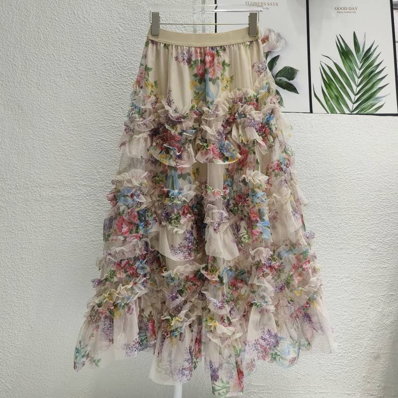 Colorful Floral Mesh Skirt with Irregular Stitching - Soleil et étoiles