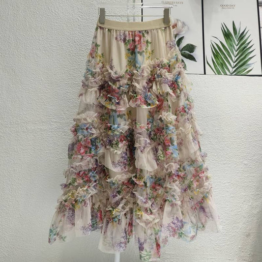Colorful Floral Mesh Skirt with Irregular Stitching - Soleil et étoiles