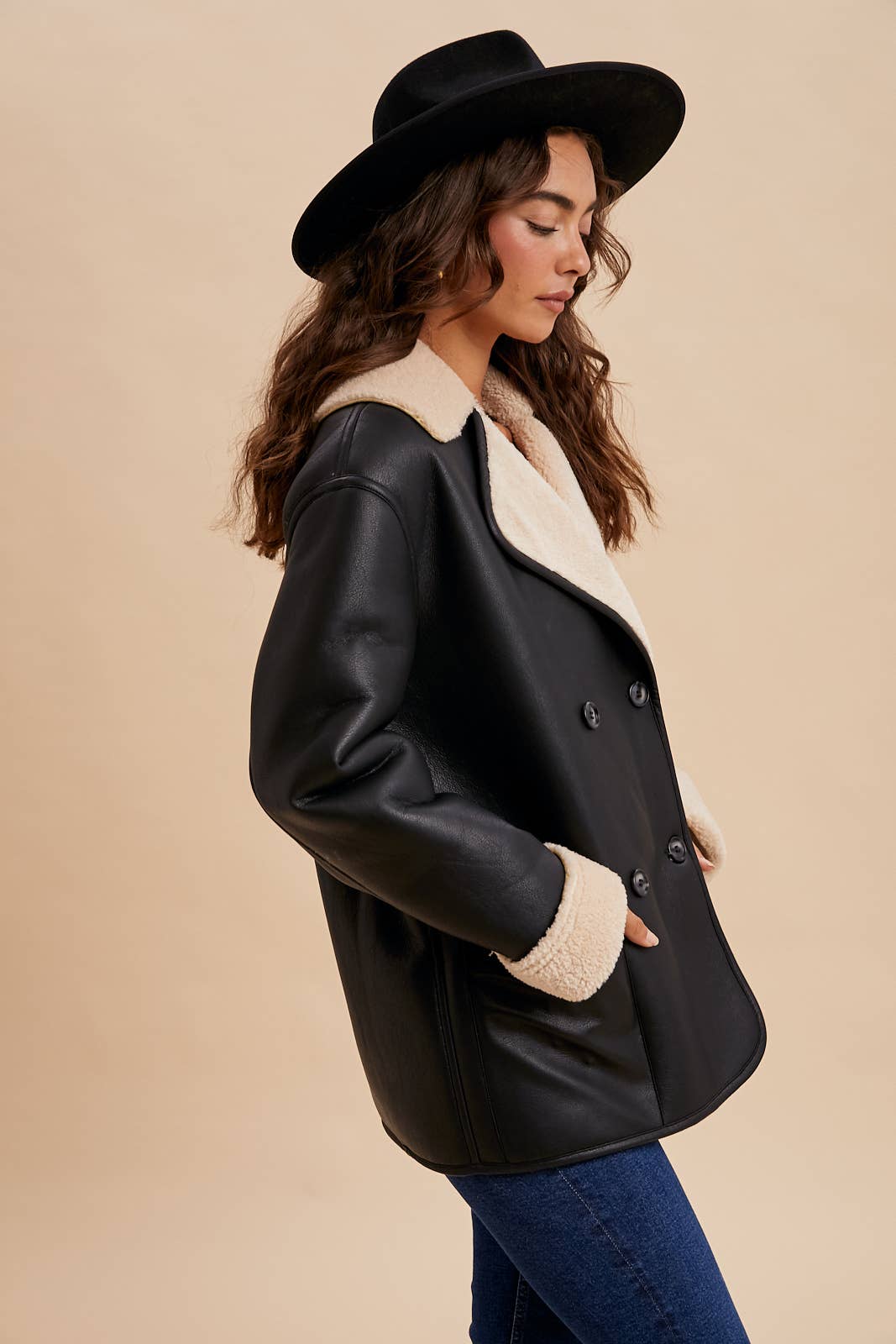 VEGAN FAUX LEATHER SHEARLING COAT
