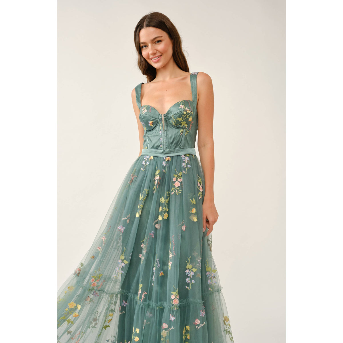 Floral Embroidered Tulle Corset Tiered Maxi Dress