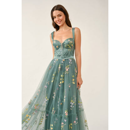 Floral Embroidered Tulle Corset Tiered Maxi Dress