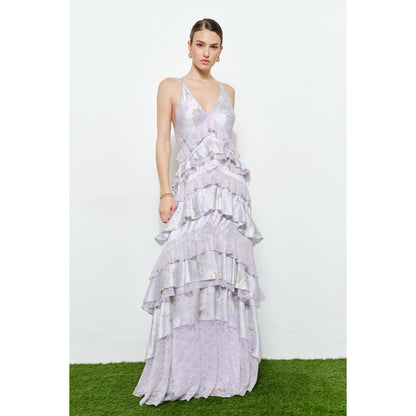 Romantic Floral Silk Lace Trim Tiered Maxi Dress
