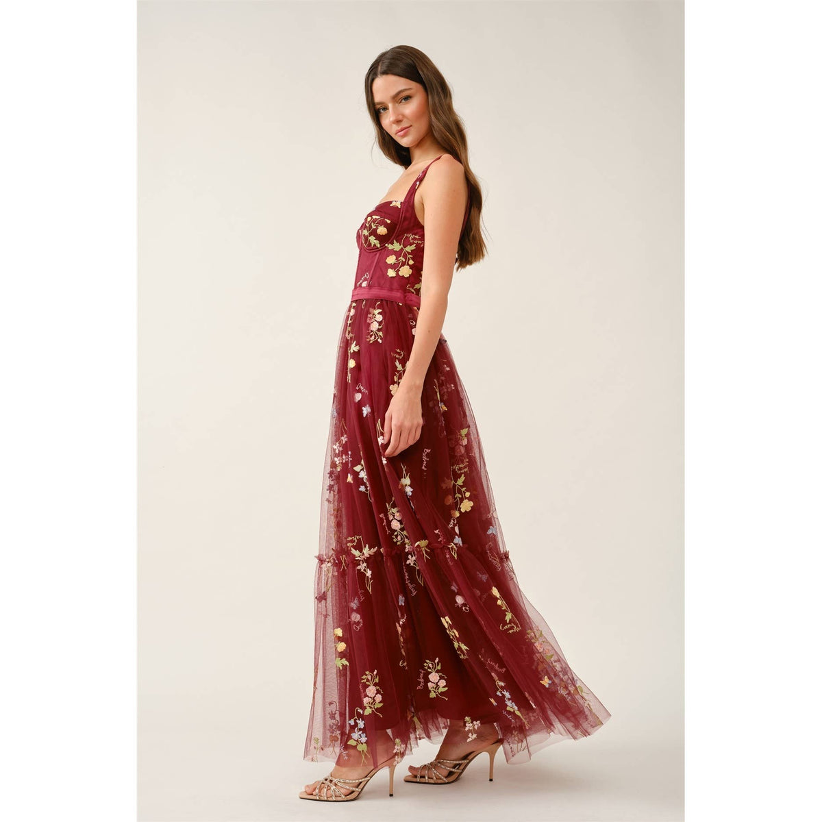 Floral Embroidered Tulle Corset Tiered Maxi Dress