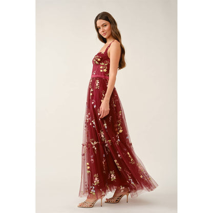 Floral Embroidered Tulle Corset Tiered Maxi Dress