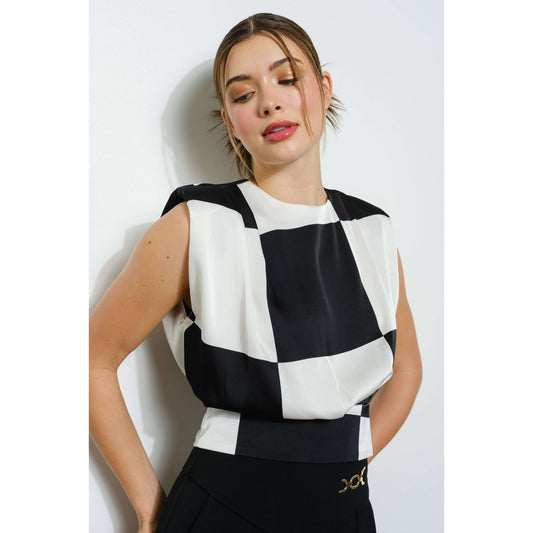 Sleeveless Satin Checkered Back-Tie Crop Top - Soleil et étoiles