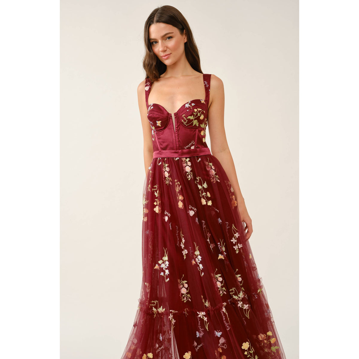 Floral Embroidered Tulle Corset Tiered Maxi Dress