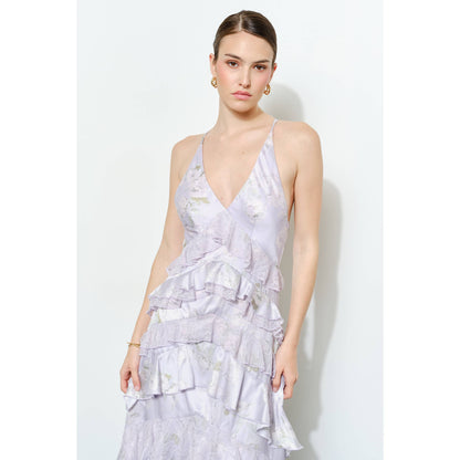 Romantic Floral Silk Lace Trim Tiered Maxi Dress