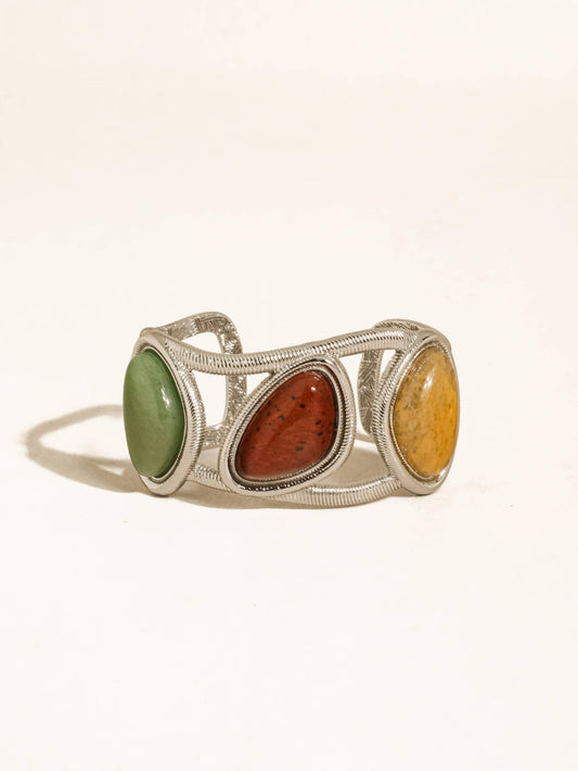 18K Gold Multicolor Stone Cuff Bracelet – Aventurine & Red Jasper