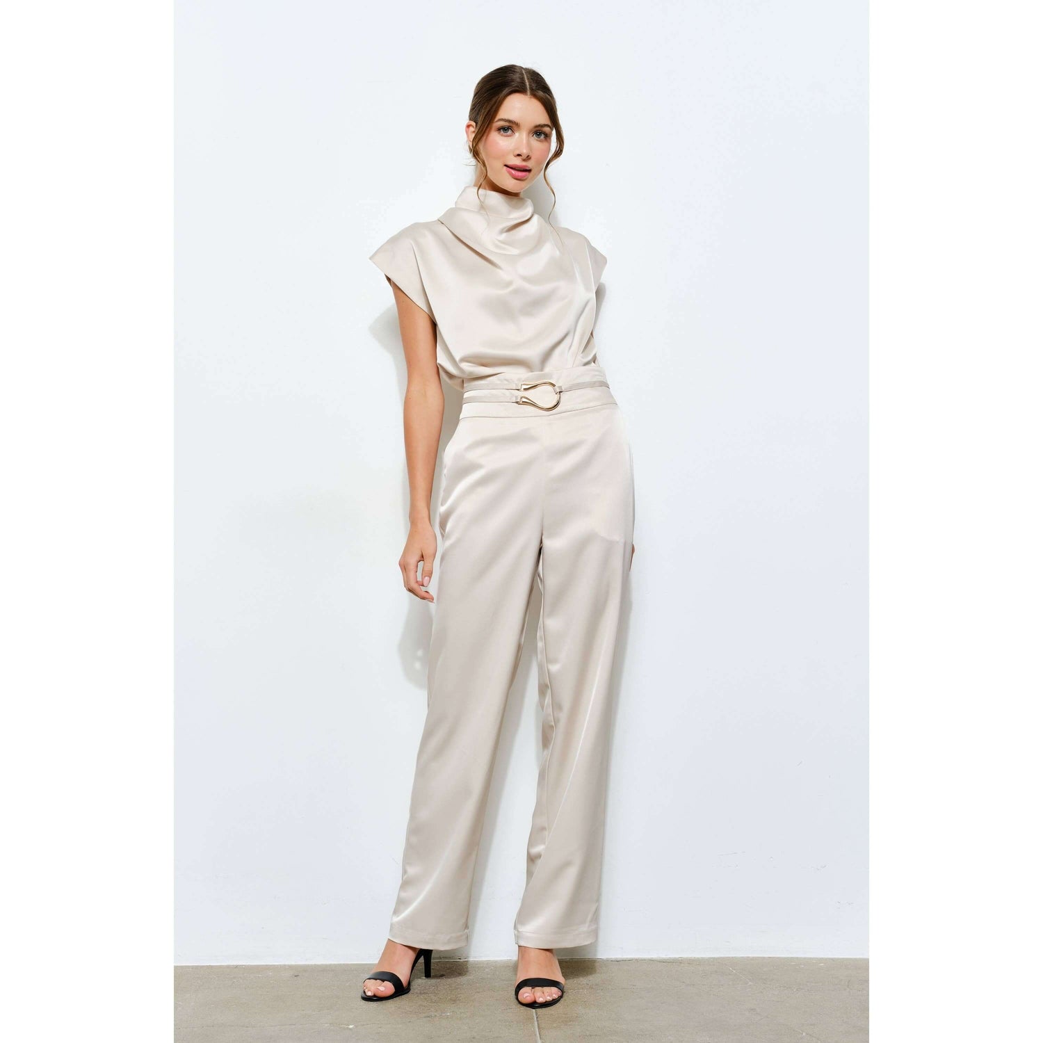 Satin Wide-Leg Pants with Metal-Accent Belt - Soleil et étoiles