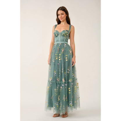 Floral Embroidered Tulle Corset Tiered Maxi Dress