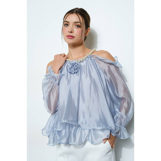 Off-Shoulder Pearl Accent Organza Ruffle Blouse