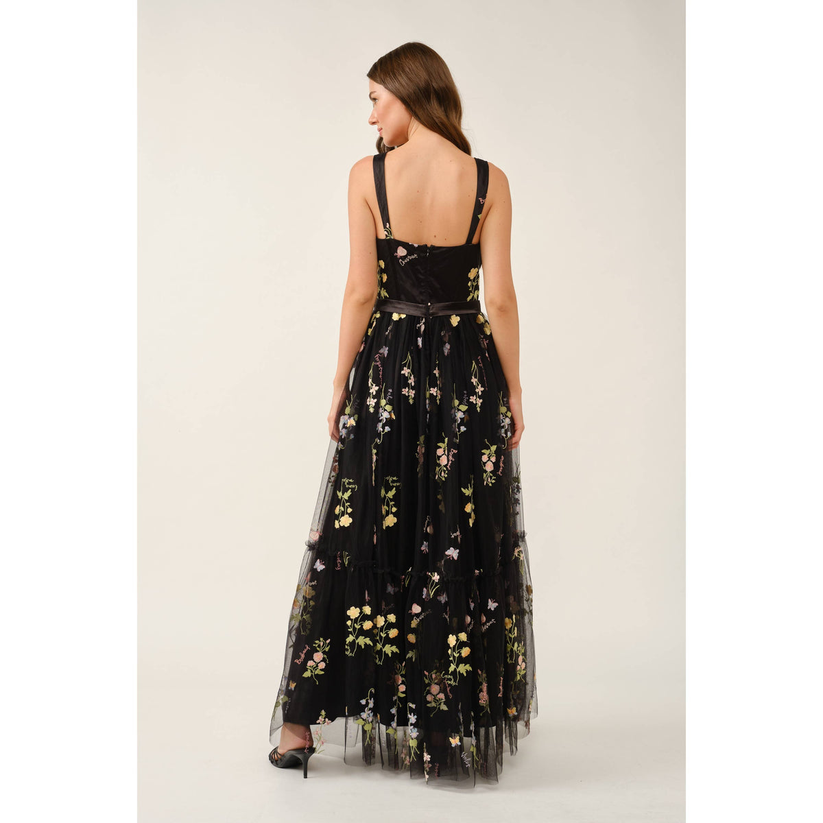 Floral Embroidered Tulle Corset Tiered Maxi Dress