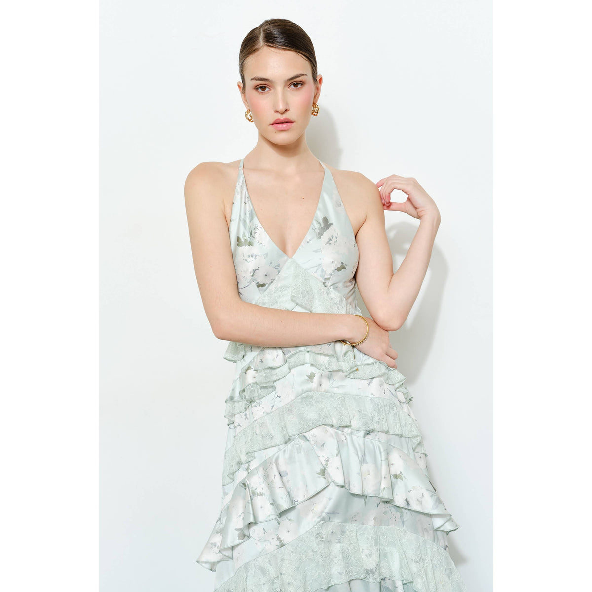 Romantic Floral Silk Lace Trim Tiered Maxi Dress