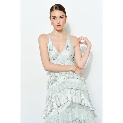 Romantic Floral Silk Lace Trim Tiered Maxi Dress