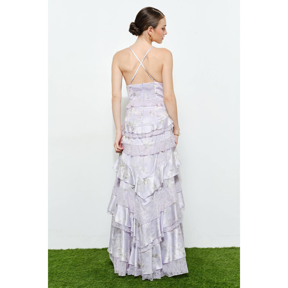 Romantic Floral Silk Lace Trim Tiered Maxi Dress