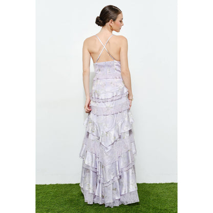 Romantic Floral Silk Lace Trim Tiered Maxi Dress