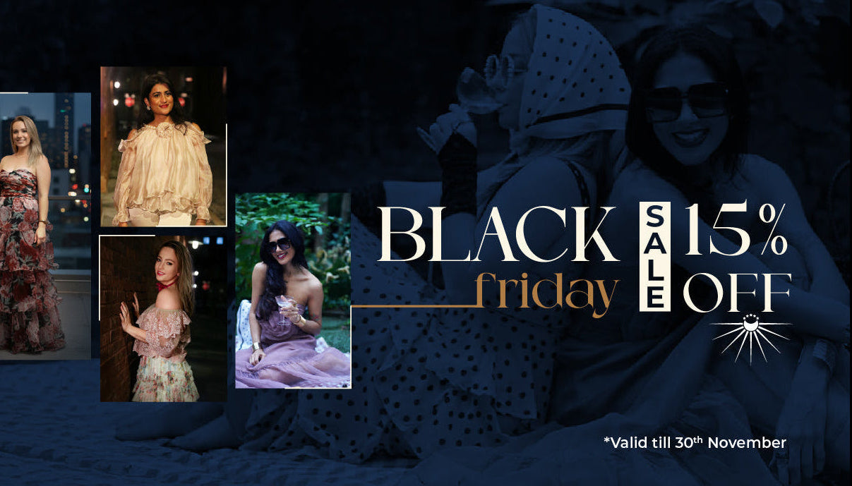 Black Friday sale advertisement with images of women in formal attire and a discount offer.